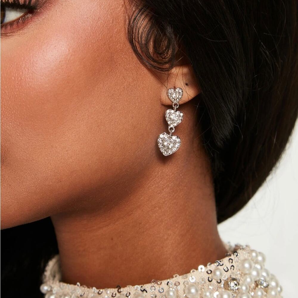 FASHION NOVA Silver Mini Heart Drop Earrings Rhinestone NWT